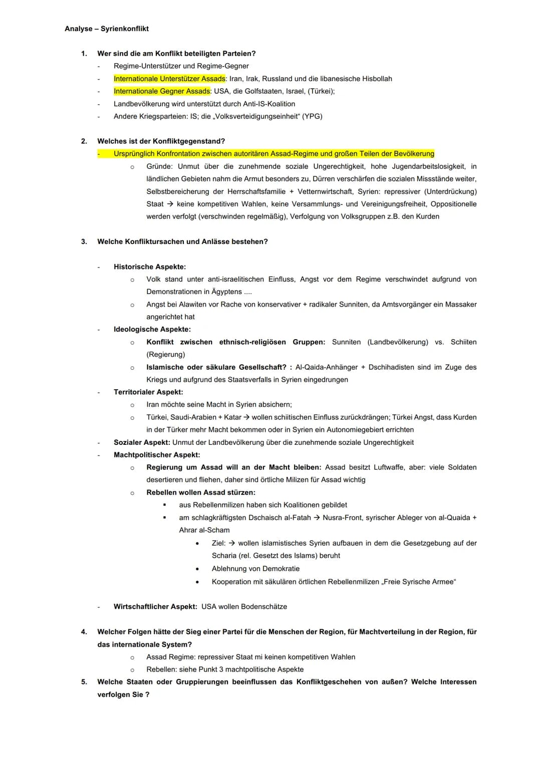 Analyse - Syrienkonflikt
1. Wer sind die am Konflikt beteiligten Parteien?
Regime-Unterstützer und Regime-Gegner
Internationale Unterstützer