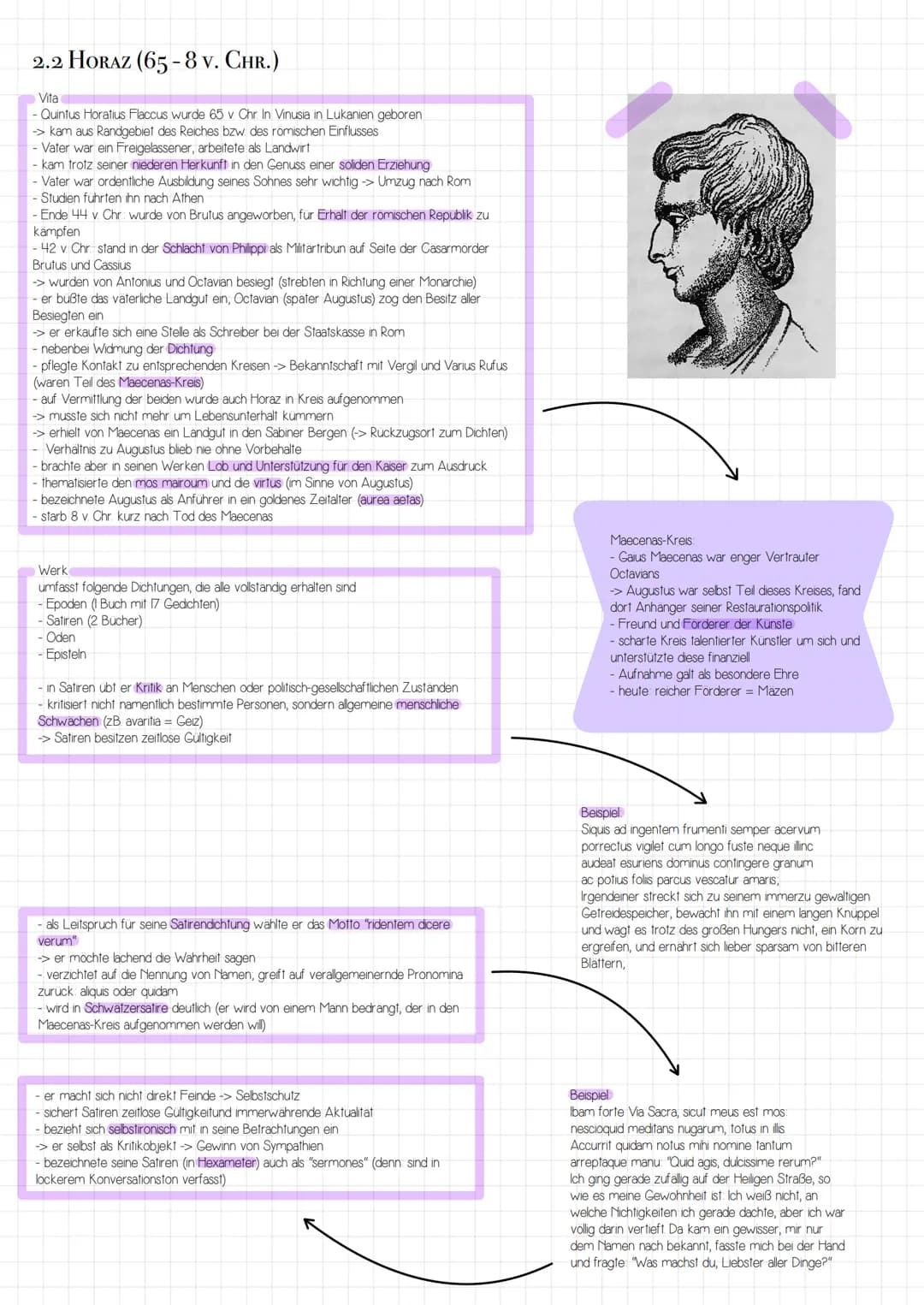 2.2 HORAZ (65-8 v. CHR.)
Vita
- Quintus Horatius Flaccus wurde 65 v. Chr. In Vinusia in Lukanien geboren
-> kam aus Randgebiet des Reiches b