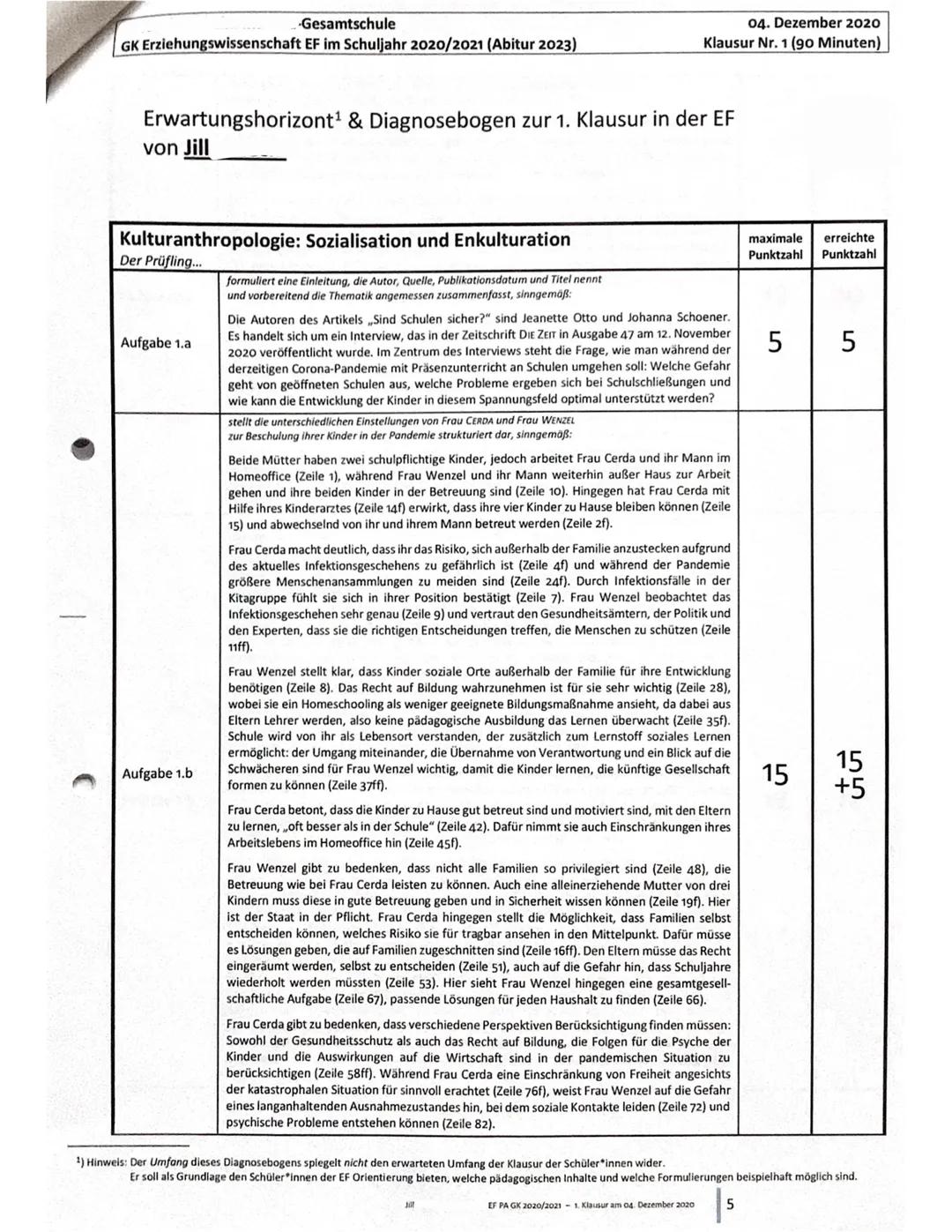 Gesamtschule
GK Erziehungswissenschaft EF im Schuljahr 2020/2021 (Abitur 2023)
20
40
Thema:
20
Kulturanthropologie, Sozialisation, Personali