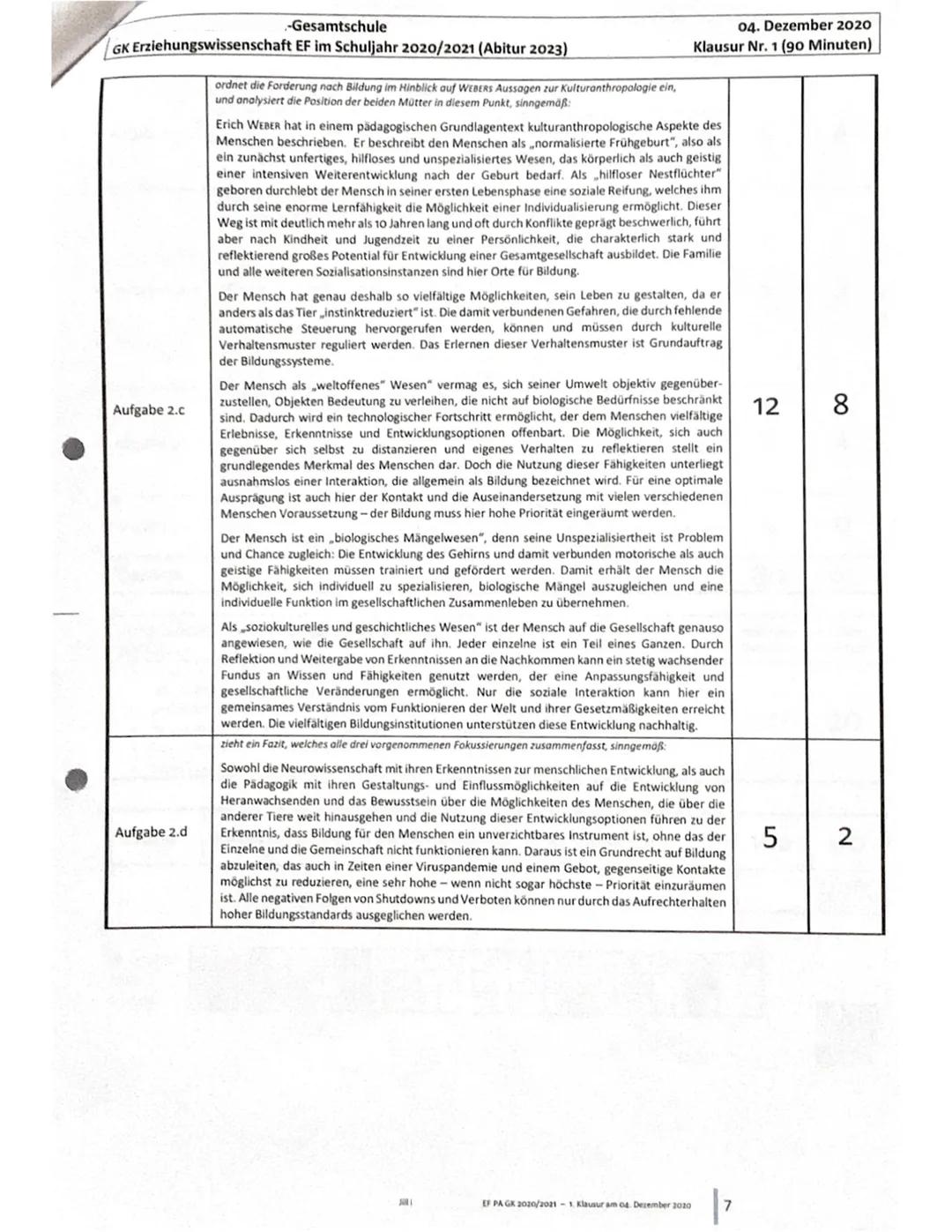 Gesamtschule
GK Erziehungswissenschaft EF im Schuljahr 2020/2021 (Abitur 2023)
20
40
Thema:
20
Kulturanthropologie, Sozialisation, Personali