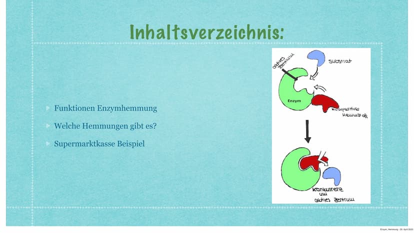 Hemmung der Enzymaktivität
Kurzvortrag von Anastasia Witowski Q1
Enzym Hemmung - 29. April 2023 Inhaltsverzeichnis:
> Funktionen Enzymhemmun