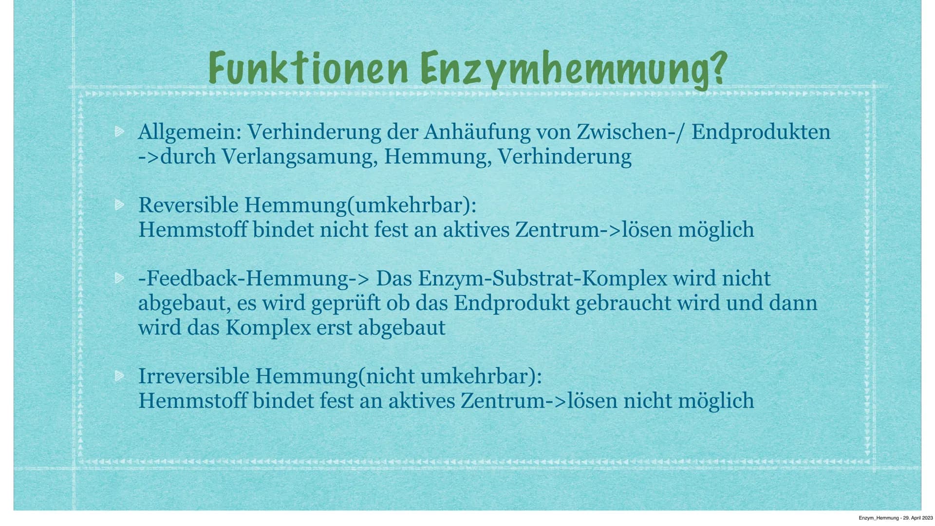 Hemmung der Enzymaktivität
Kurzvortrag von Anastasia Witowski Q1
Enzym Hemmung - 29. April 2023 Inhaltsverzeichnis:
> Funktionen Enzymhemmun