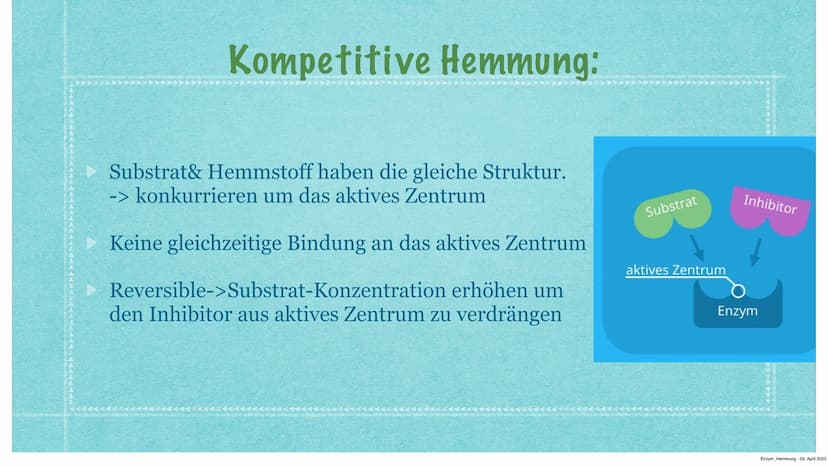 Hemmung der Enzymaktivität
Kurzvortrag von Anastasia Witowski Q1
Enzym Hemmung - 29. April 2023 Inhaltsverzeichnis:
> Funktionen Enzymhemmun