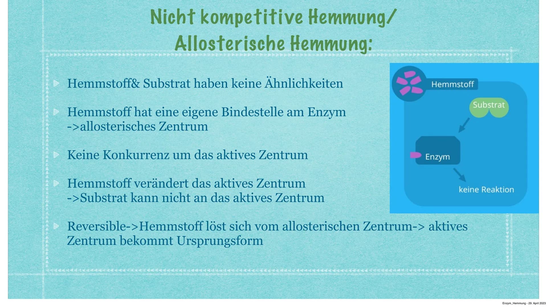 Hemmung der Enzymaktivität
Kurzvortrag von Anastasia Witowski Q1
Enzym Hemmung - 29. April 2023 Inhaltsverzeichnis:
> Funktionen Enzymhemmun