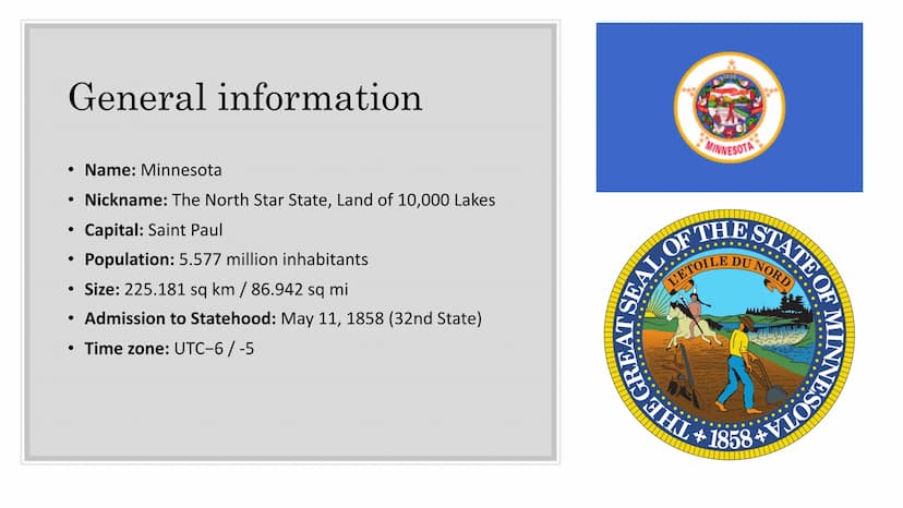 MINNESOTA
- Handout-
General information
Name: Minnesota
Nickname: The North Star State, Land of 10,000 Lakes
Capital: Saint Paul
Population