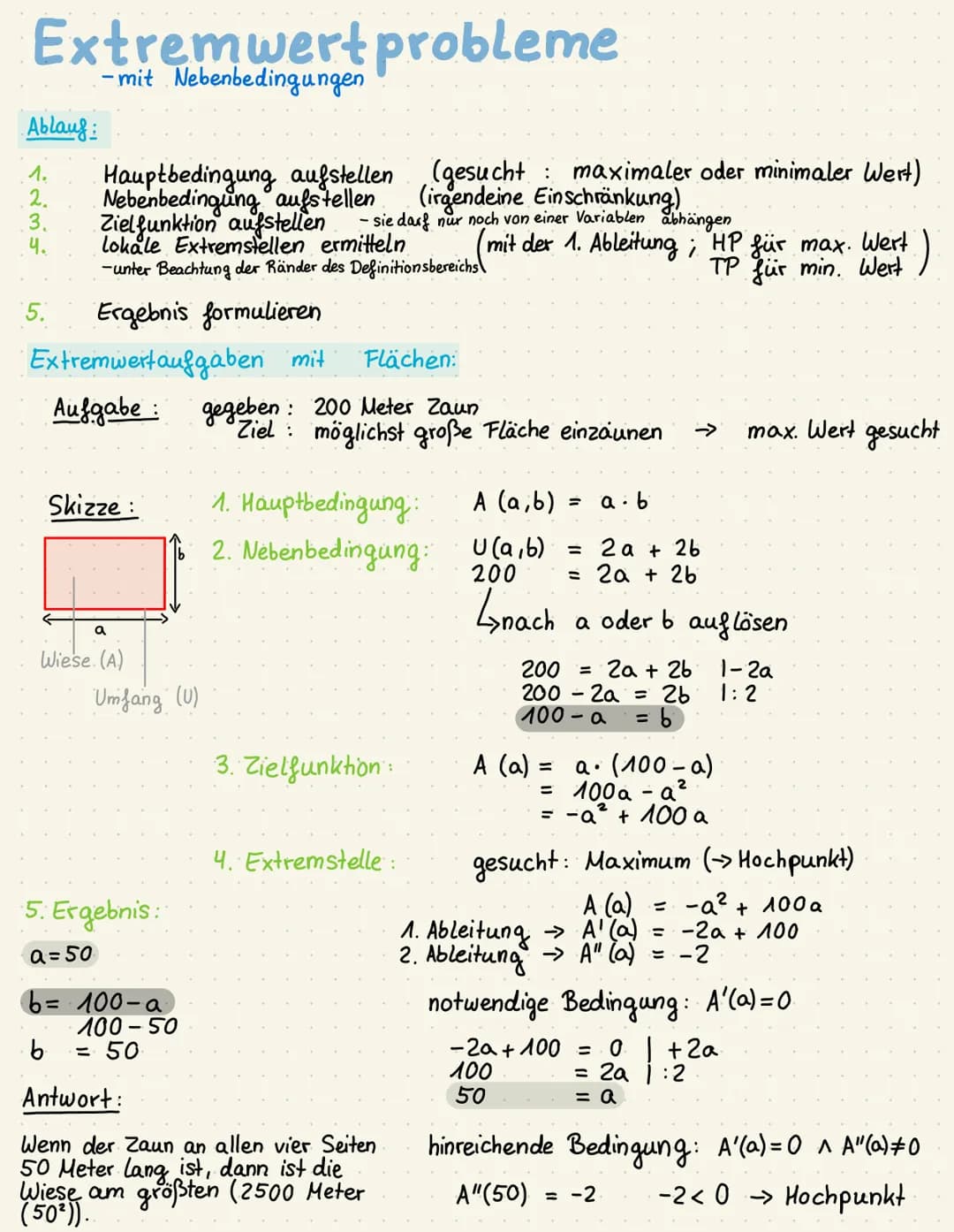 Extremwert probleme
- mit Nebenbedingungen
Ablauf
1.
2.
3.
4.
5.
Hauptbedingung aufstellen
(gesucht : maximaler oder minimaler Wert)
Nebenbe