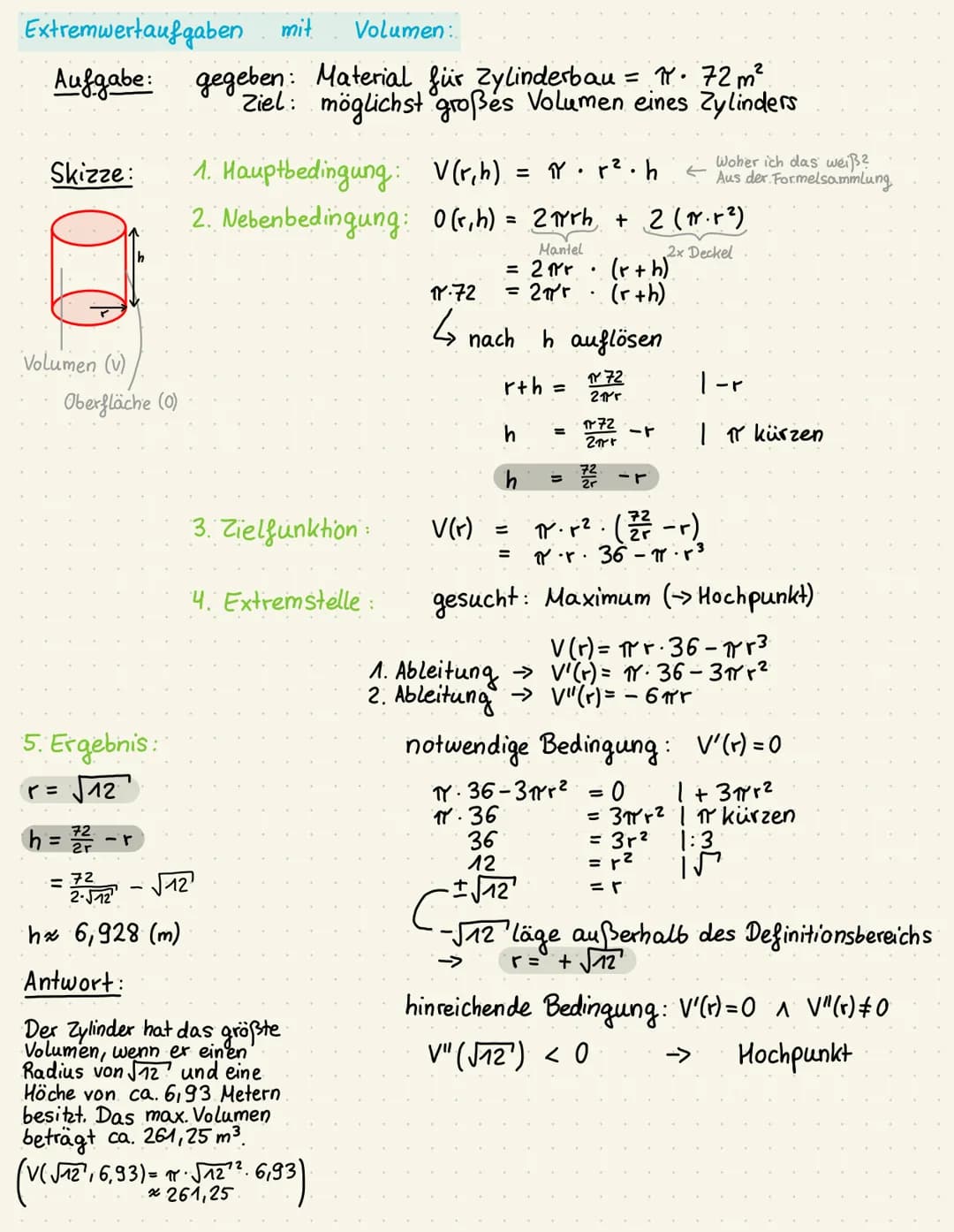 Extremwert probleme
- mit Nebenbedingungen
Ablauf
1.
2.
3.
4.
5.
Hauptbedingung aufstellen
(gesucht : maximaler oder minimaler Wert)
Nebenbe