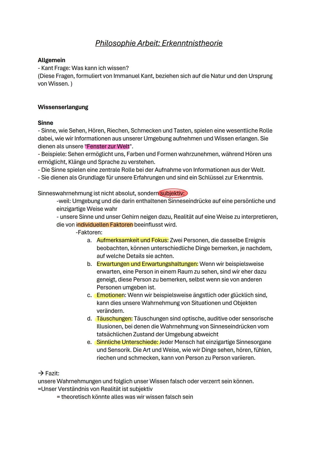 Philosophie Arbeit: Erkenntnistheorie
Allgemein
- Kant Frage: Was kann ich wissen?
(Diese Fragen, formuliert von Immanuel Kant, beziehen sic