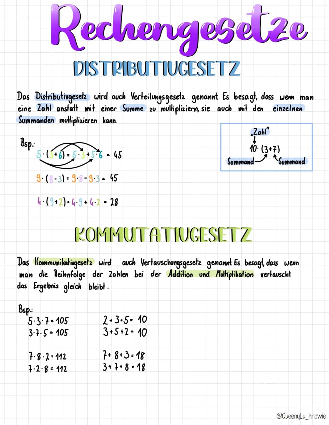 Rechengesetze
DISTRIBUTIUGESETZ
Das Distributivgesetz wird auch Verteilungsgesetz genannt Es besagt, dass wenn man
eine Zahl anstatt mit ein