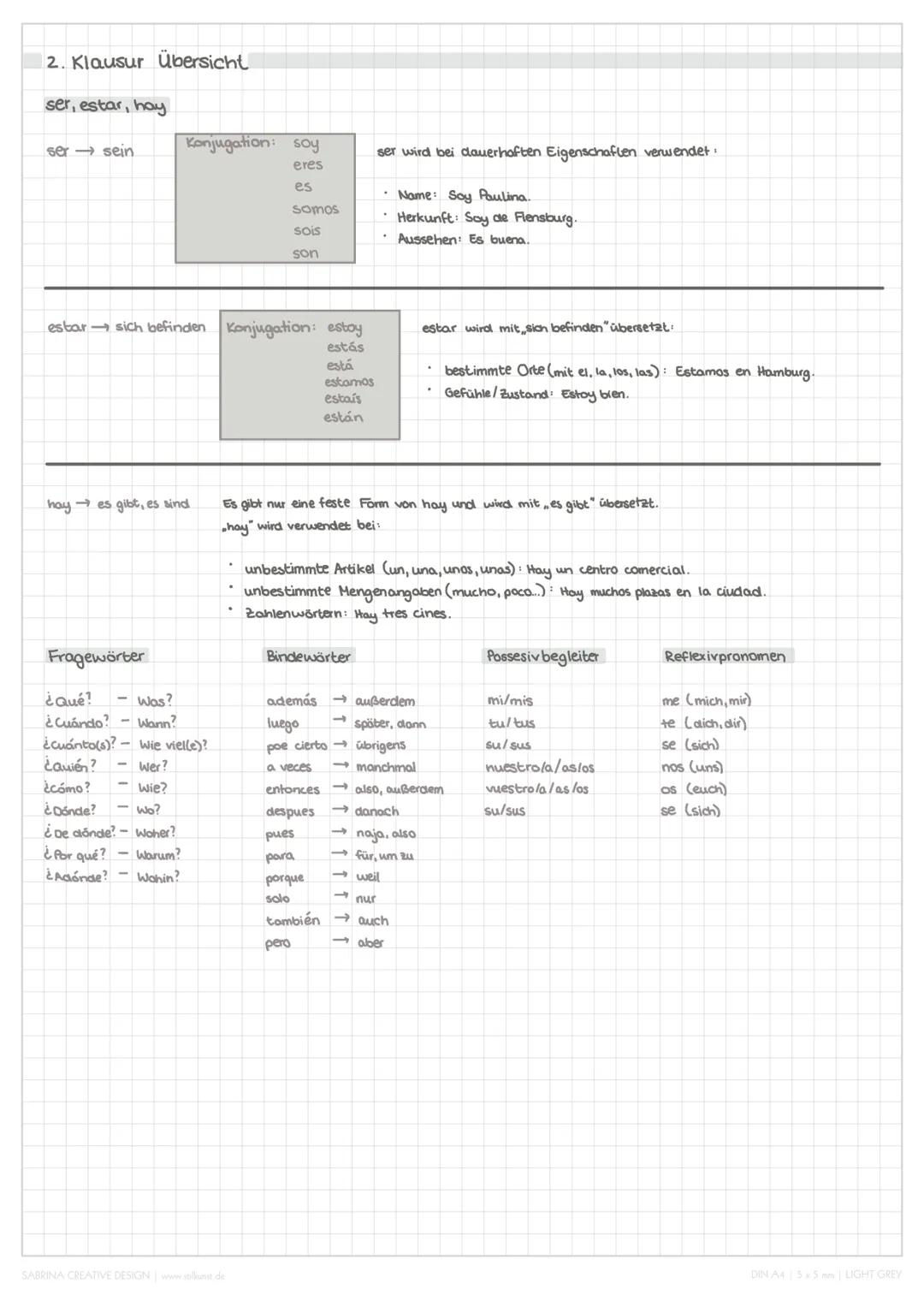 2. Klausur Übersicht

ser, estar, hay

ser $\rightarrow$ sein

Konjugation: soy
eres
es
somos
sois
son

ser wird bei dauerhaften Eigenschaft