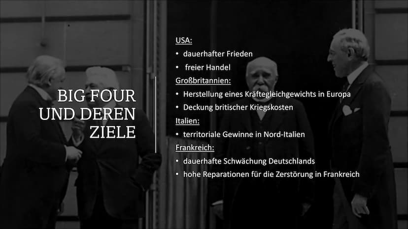 Ein gelungener
Frieden?
DER VERSAILLER
VERTRAG GLIEDERUNG
1.
2.
3.
4.
•
Vorgeschichte
Big Four und deren Ziele
Wilson 14- Punkte Programm
In