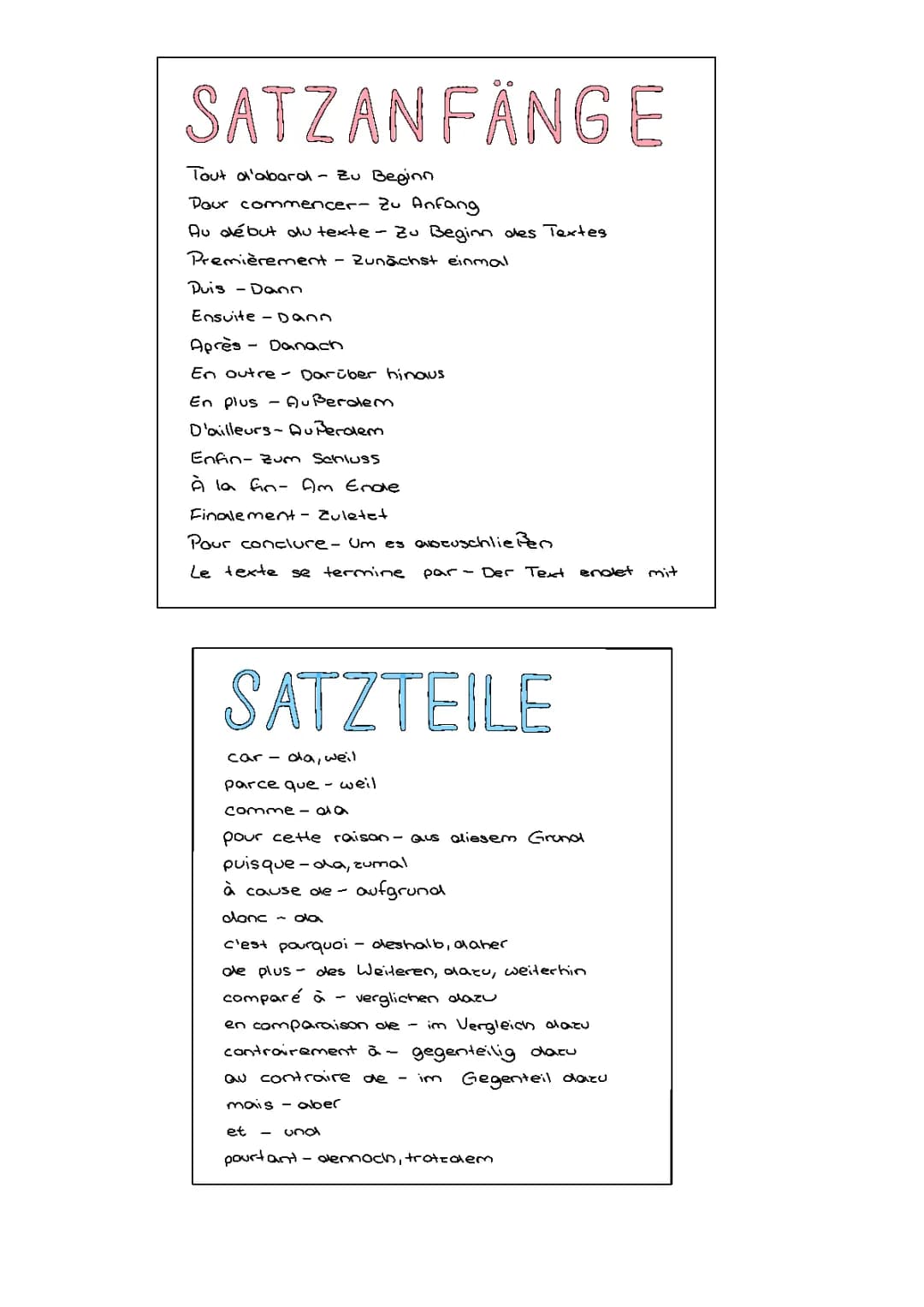 Satzanfänge/Satzteile für Französisch 
