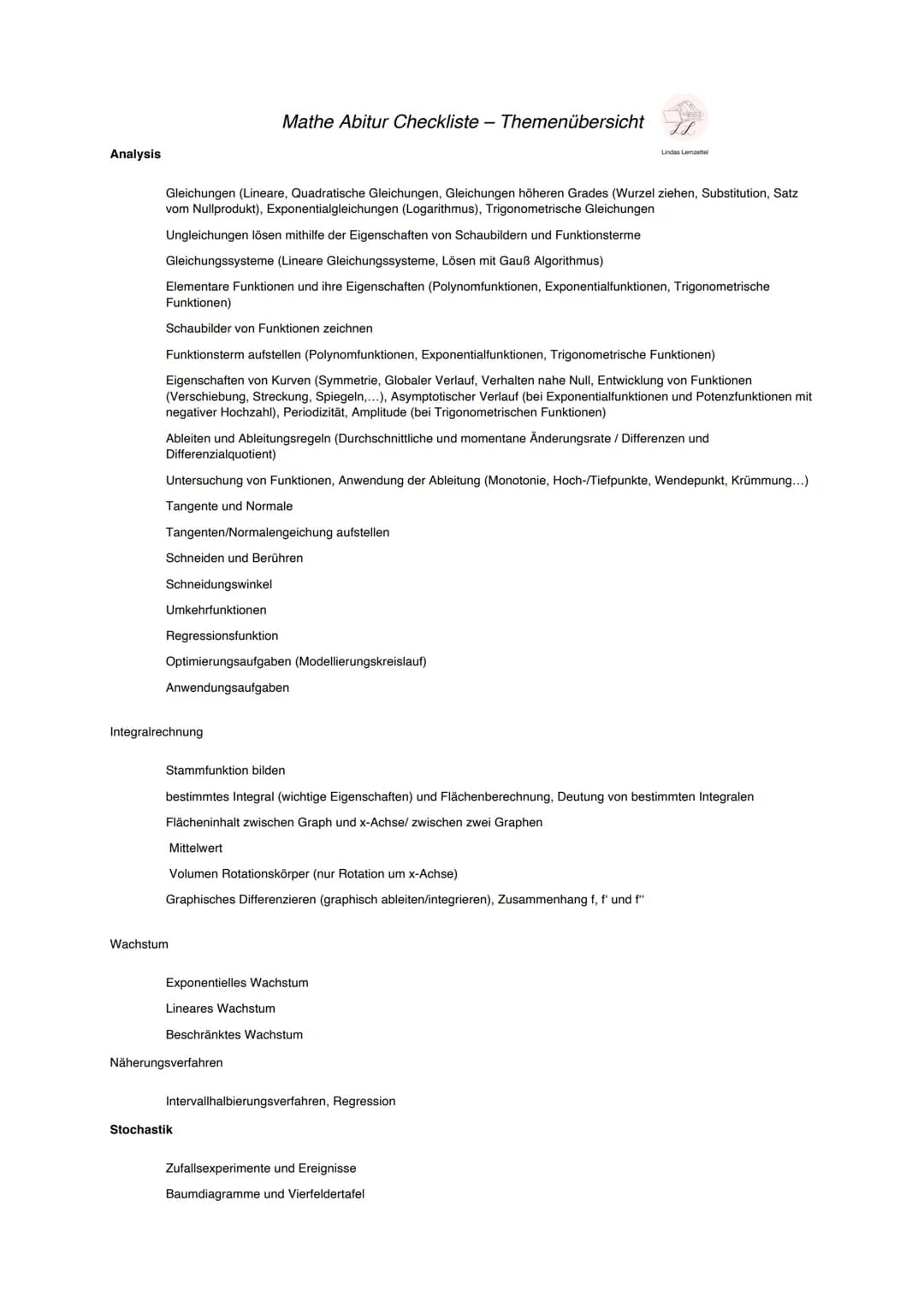 Analysis
Gleichungen (Lineare, Quadratische Gleichungen, Gleichungen höheren Grades (Wurzel ziehen, Substitution, Satz
vom Nullprodukt), Exp
