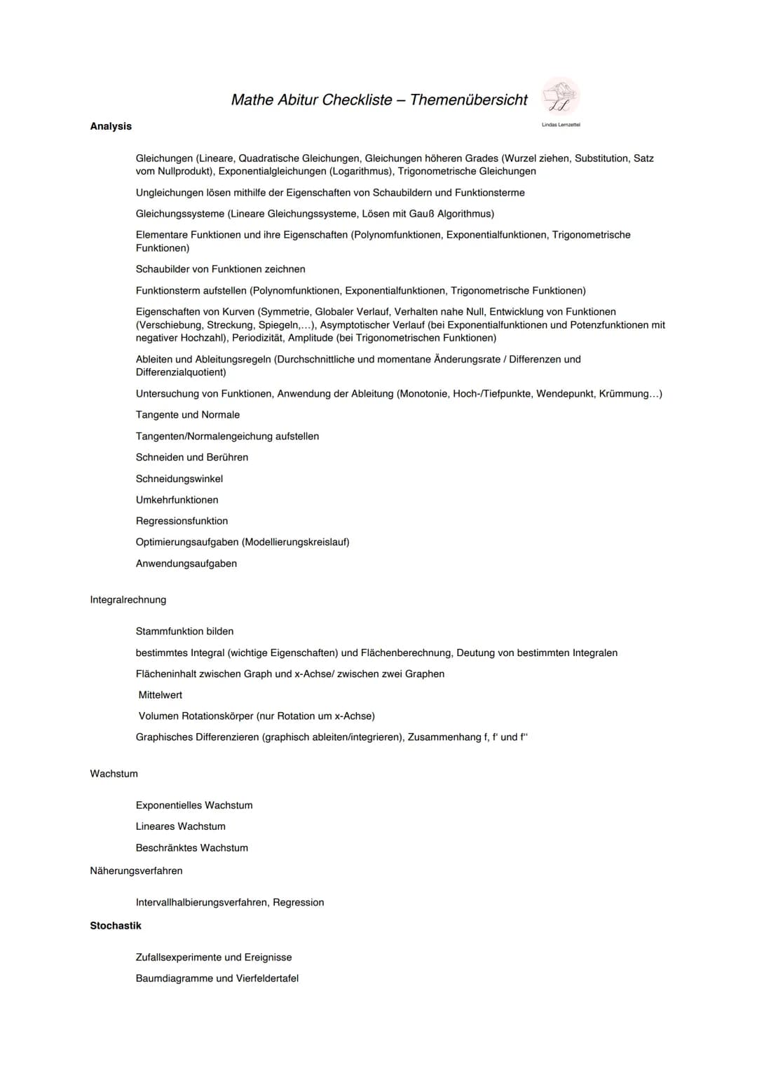 Analysis
Gleichungen (Lineare, Quadratische Gleichungen, Gleichungen höheren Grades (Wurzel ziehen, Substitution, Satz
vom Nullprodukt), Exp