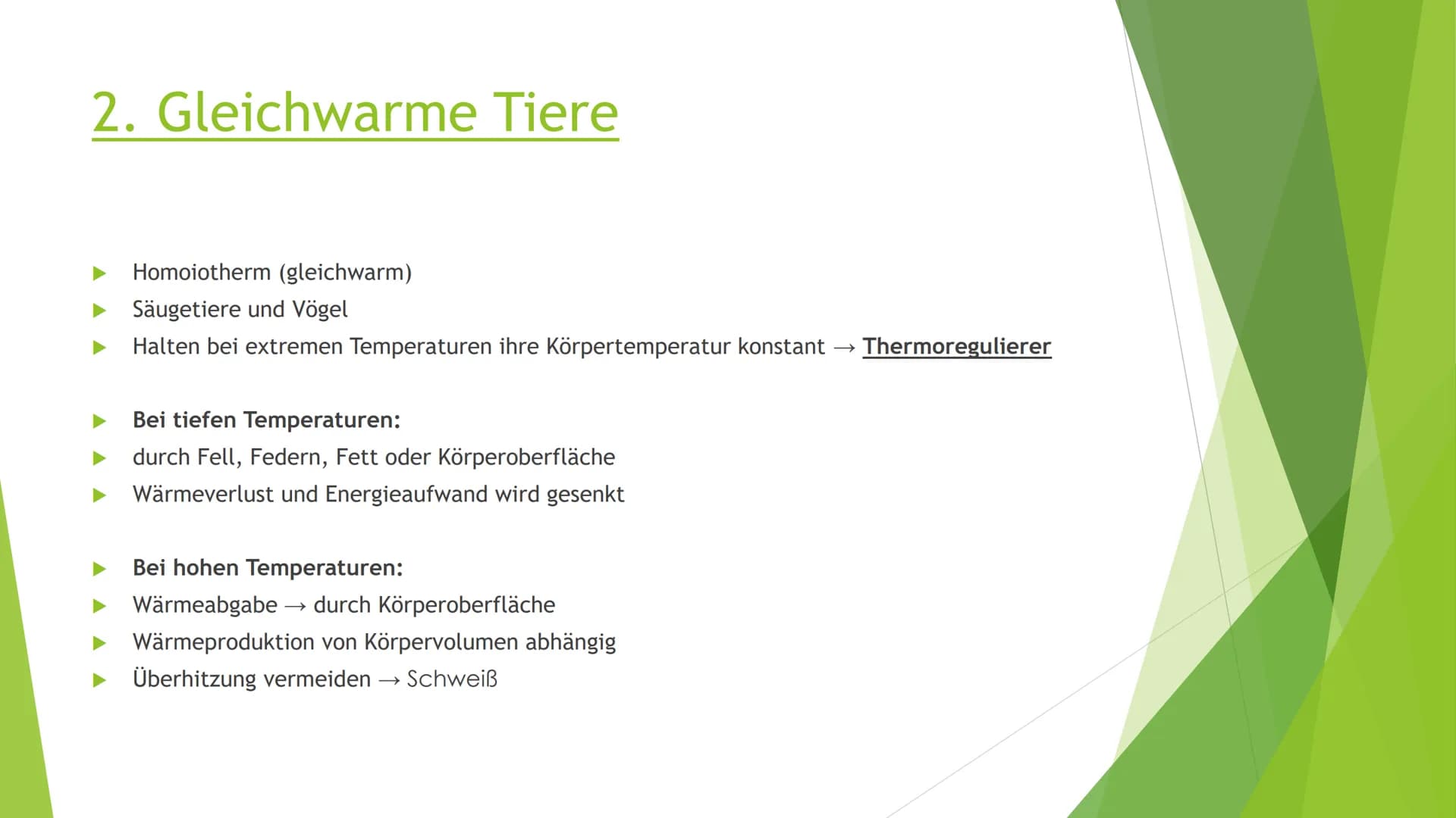 Abiotischer Faktor
Temperatur bei Tieren Abiotischer Faktor Temperatur bei Tieren → Handout
Wechselwarme Tiere:
Wechselwarm = poikilotherm
K