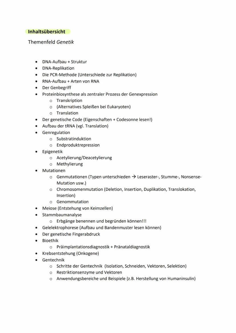 Genetik
Abitur
Zusammenfassung Inhaltsübersicht
Themenfeld Genetik
● DNA-Aufbau + Struktur
DNA-Replikation
Die PCR-Methode (Unterschiede zur