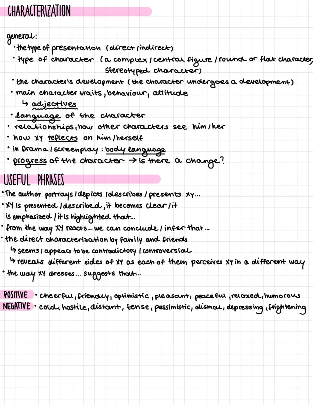 CHARACTERIZATION
general:
the type of presentation (direct/indirect)
• type of character (a complex/ central figure / round or flat characte