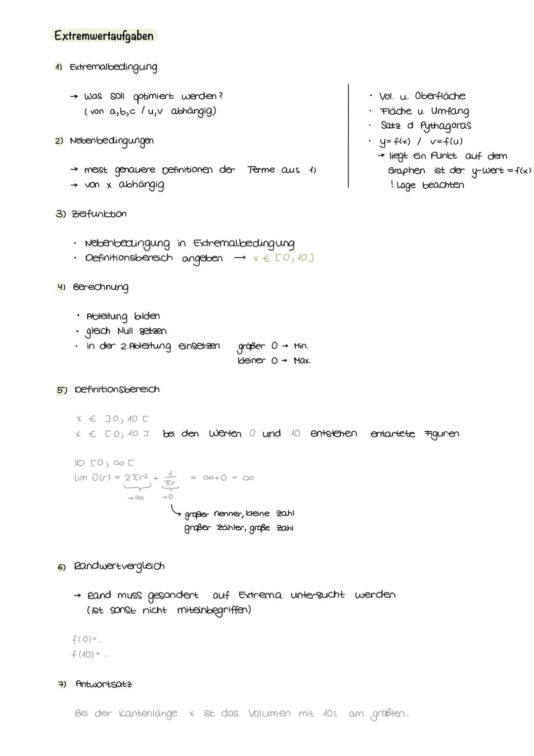 Extremwertaufgaben
1) Extremalbedingung
→ was soll optimiert werden?
(von a, b, c / u,v abhängig)
2) Nebenbedingungen
meist genauere Definit