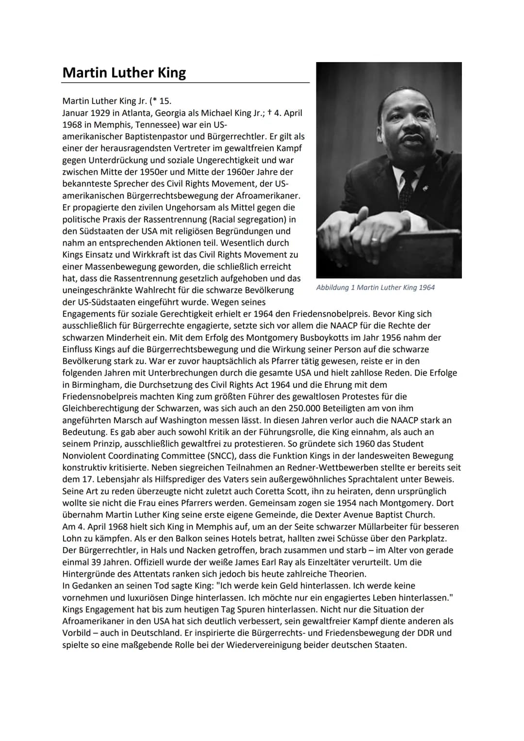 Martin Luther King
Martin Luther King Jr. (* 15.
Januar 1929 in Atlanta, Georgia als Michael King Jr.; † 4. April
1968 in Memphis, Tennessee
