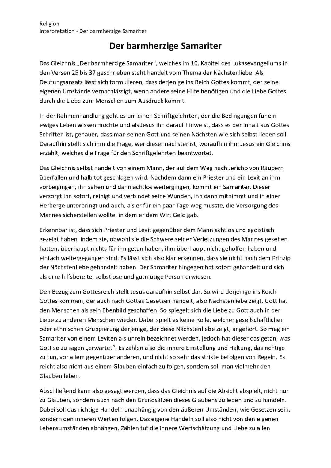 Der Barmherzige Samariter - Interpretation