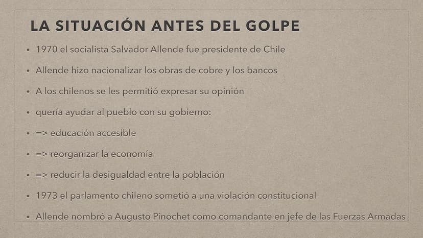 追
LA DICTADURA EN CHILE TABLA DE CONTENIDO
Datos personales
• La situación antes del golpe
Golpe de estado
Las violaciones a los derechos hu