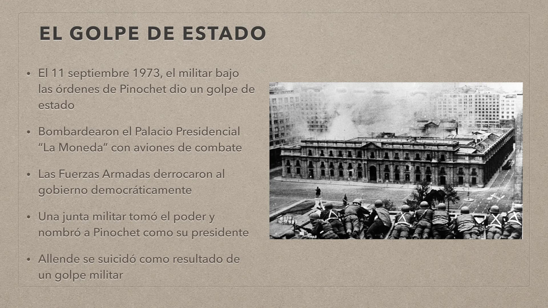 追
LA DICTADURA EN CHILE TABLA DE CONTENIDO
Datos personales
• La situación antes del golpe
Golpe de estado
Las violaciones a los derechos hu