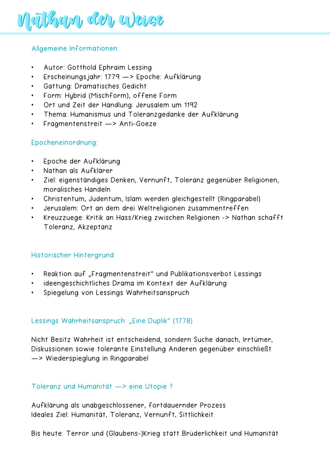 Nathan der Weise
Allgemeine Informationen:
●
●
.
●
Epocheneinordnung:
●
.
.
●
Autor: Gotthold Ephraim Lessing
Erscheinungsjahr: 1779 -> Epoc