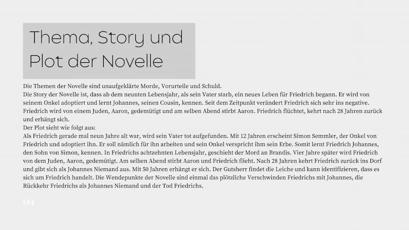 01
Die
Judenbuche
Portfolio Arbesa Rrustemi, 9c Was ist eigentlich
eine Novelle?
Eine Novelle ist eine kürzere Erzählung, die in
der Prosafo