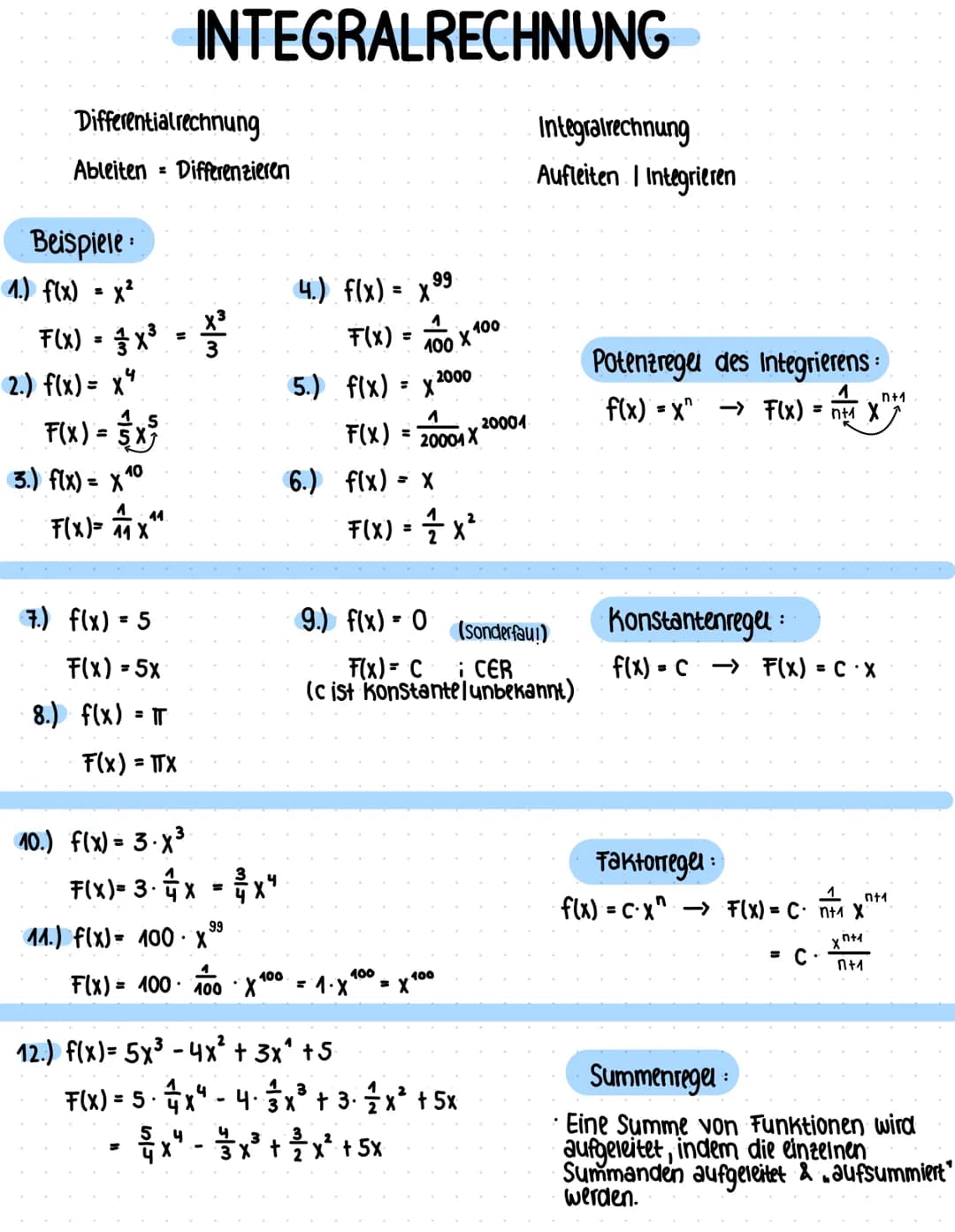 Differentialrechnung
Ableiten Differenzieren
Beispiele:
1.) f(x) = x²
F(x) = x³ = -1/²³²2
2.) f(x) = x²
INTEGRALRECHNUNG
F(x) = x²
10
3.) f(
