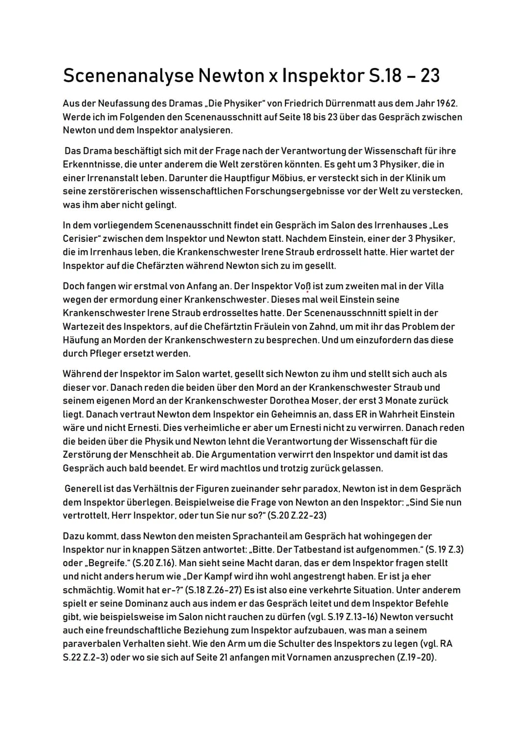 Scenenanalyse Newton x Inspektor S.18 - 23
Aus der Neufassung des Dramas ,,Die Physiker" von Friedrich Dürrenmatt aus dem Jahr 1962.
Werde i