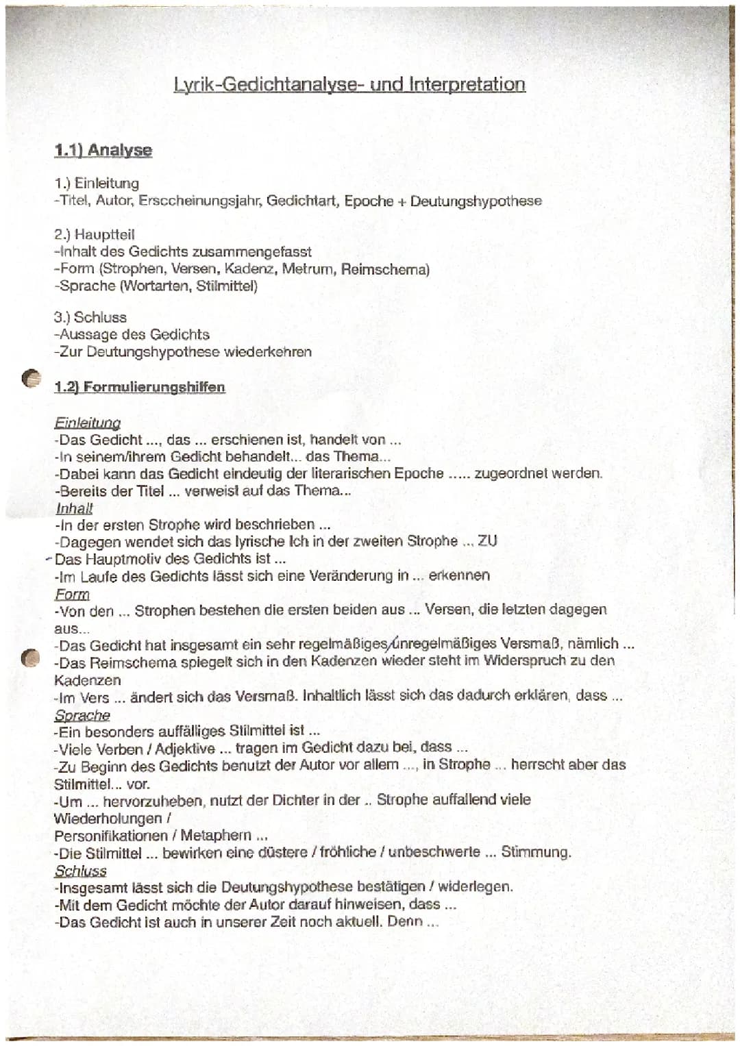 Gedichtanalyse- und Interpretation + Formulierungshilfen 