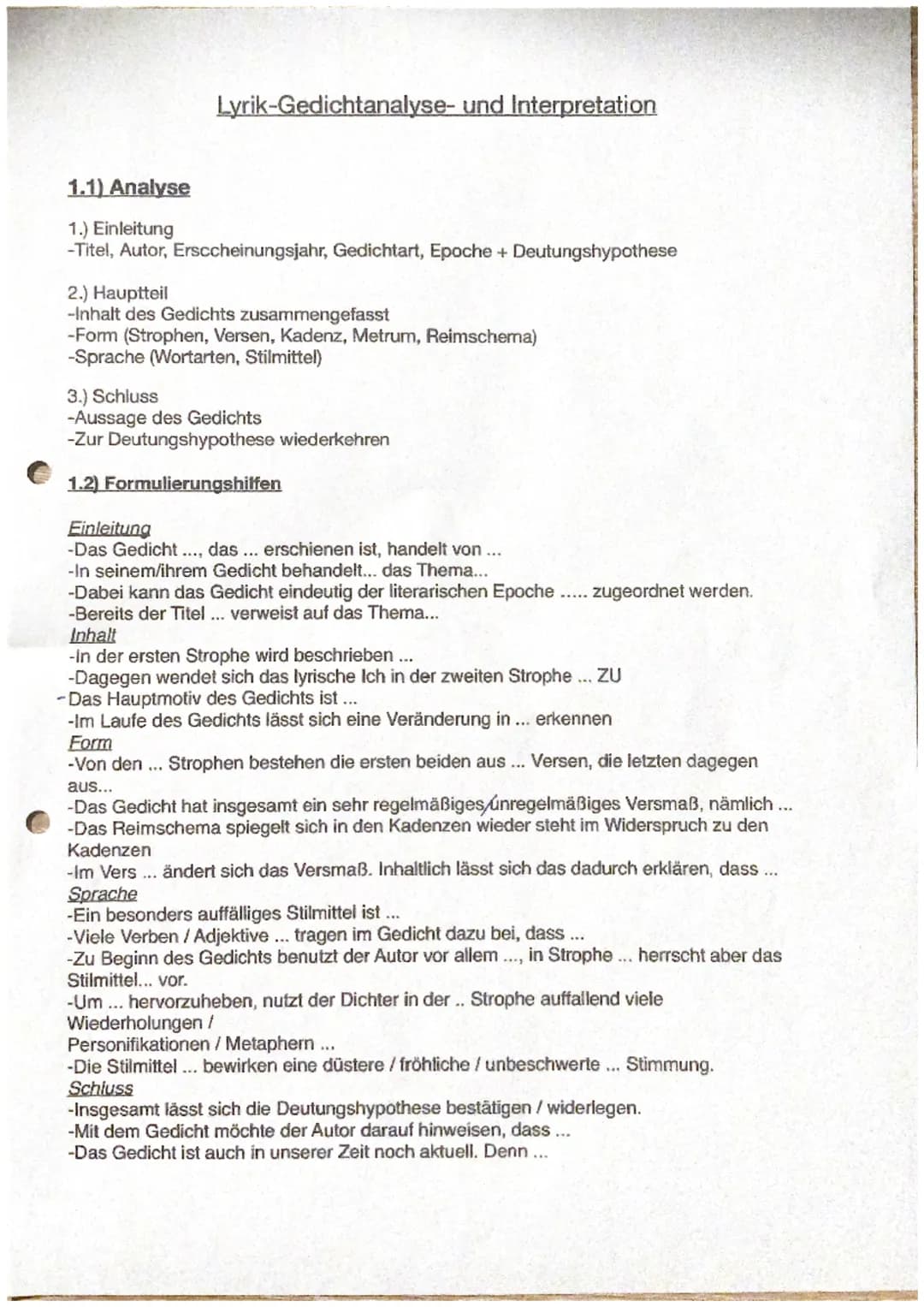Lyrik-Gedichtanalyse- und Interpretation
1.1) Analyse
1.) Einleitung
-Titel, Autor, Erscheinungsjahr, Gedichtart, Epoche + Deutungshypothese