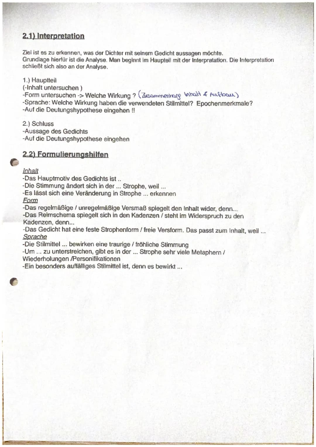 Lyrik-Gedichtanalyse- und Interpretation
1.1) Analyse
1.) Einleitung
-Titel, Autor, Erscheinungsjahr, Gedichtart, Epoche + Deutungshypothese