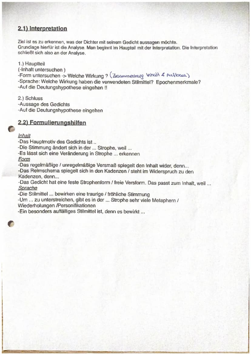 Lyrik-Gedichtanalyse- und Interpretation
1.1) Analyse
1.) Einleitung
-Titel, Autor, Erscheinungsjahr, Gedichtart, Epoche + Deutungshypothese
