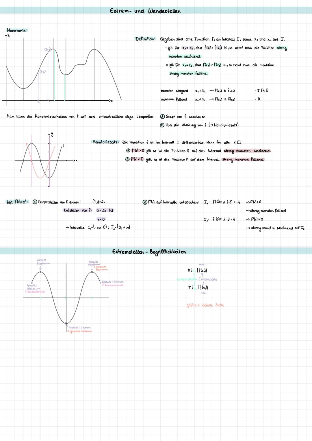 Monotonie
MALD
(f(x₂)
·ង
AV
Bsp. f(x)=x²: Extremstellen von f suchen:
Man kann das Monotonie verhalten von f auf zwei unterschiedliche Wege 