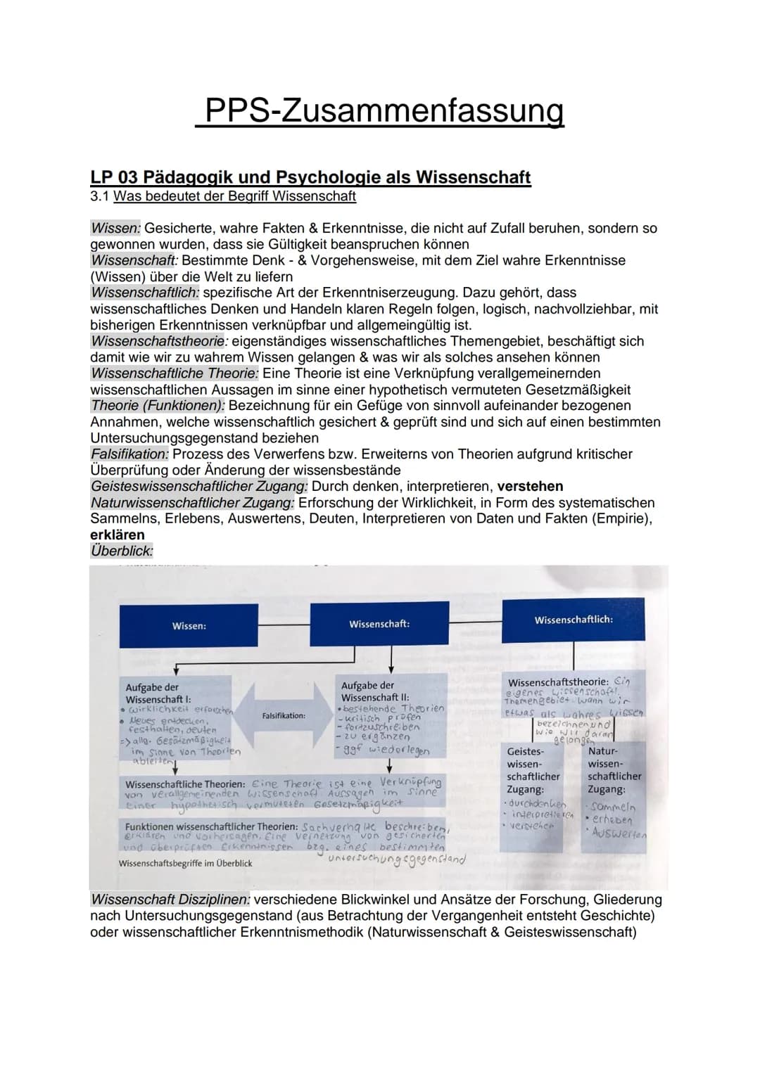 PPS-Zusammenfassung
LP 03 Pädagogik und Psychologie als Wissenschaft
3.1 Was bedeutet der Begriff Wissenschaft
Wissen: Gesicherte, wahre Fak