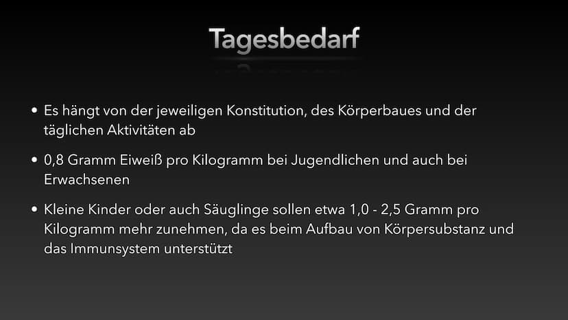 
<h2 id="proteinetagesbedarf">Proteine Tagesbedarf</h2>
<p>Es hängt von der jeweiligen Konstitution, des Körperbaues und der täglichen Aktiv