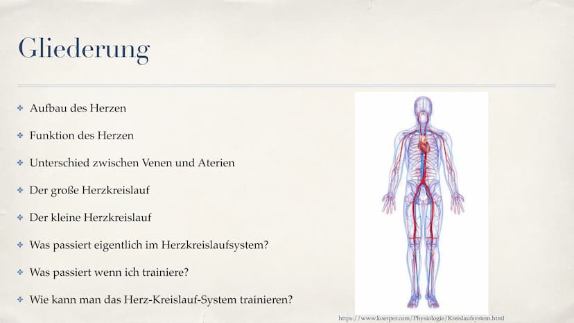 Herz-Kreislauf-System
08.10.2021 Gliederung
Aufbau des Herzen
Funktion des Herzen
Unterschied zwischen Venen und Aterien
* Der große Herzkre