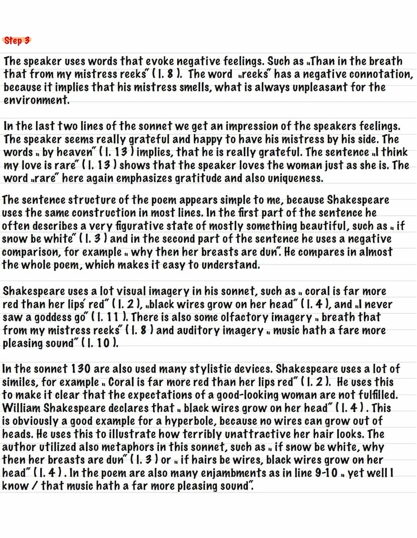 Analyse Sonnet 130
-
Die Augen meiner Geliebten sind nicht wie die Sonne;
Koralle ist viel roter als das Rot ihrer Lippen;
Wenn Schnee weiß 
