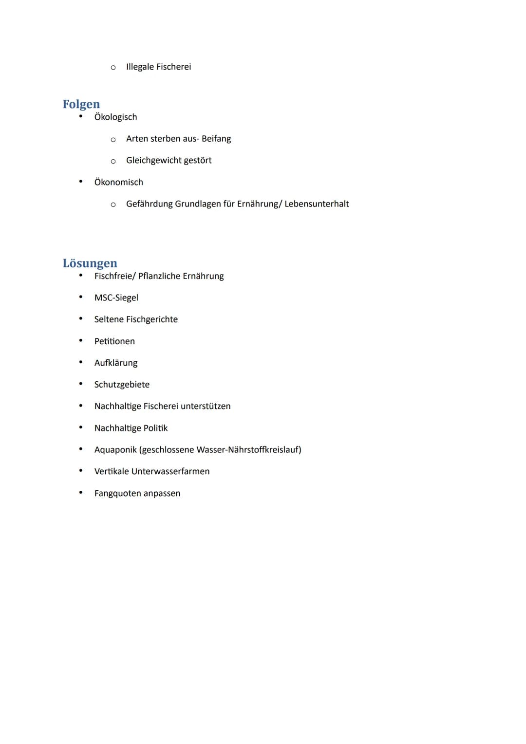 Handout: Überfischung der Meere
Definition
Fischbestände
● 33% überfischt
●
●
Mehr Fischfang als Regeneration
Bedroht Gesundheit der Meere u