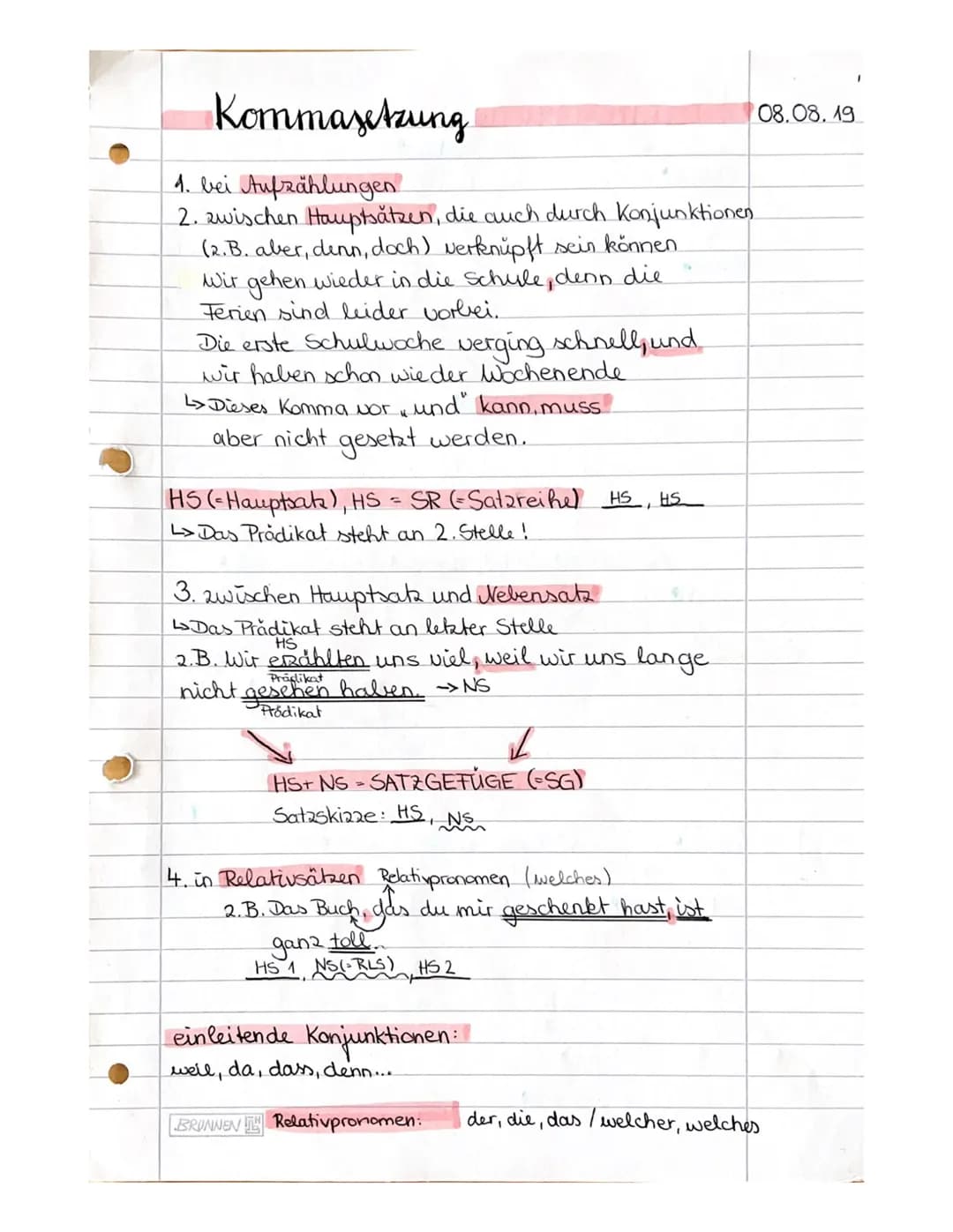 Kommasetzung
1. bei Aufzählungen
2. zwischen Hauptsätzen, die auch durch Konjunktionen.
(2.B. aber, denn, doch) verknüpft sein können
Wir ge