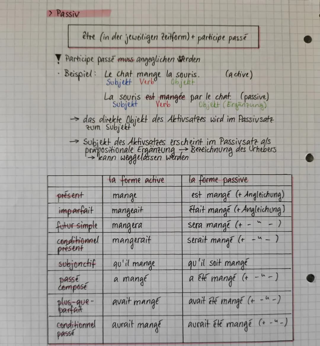 > Passiv
être (in der jeweiligen Zeitform) + participe passé
✓ Participe passe muss angeglichen werden
Beispiel: Le chat mange la souris.
Su