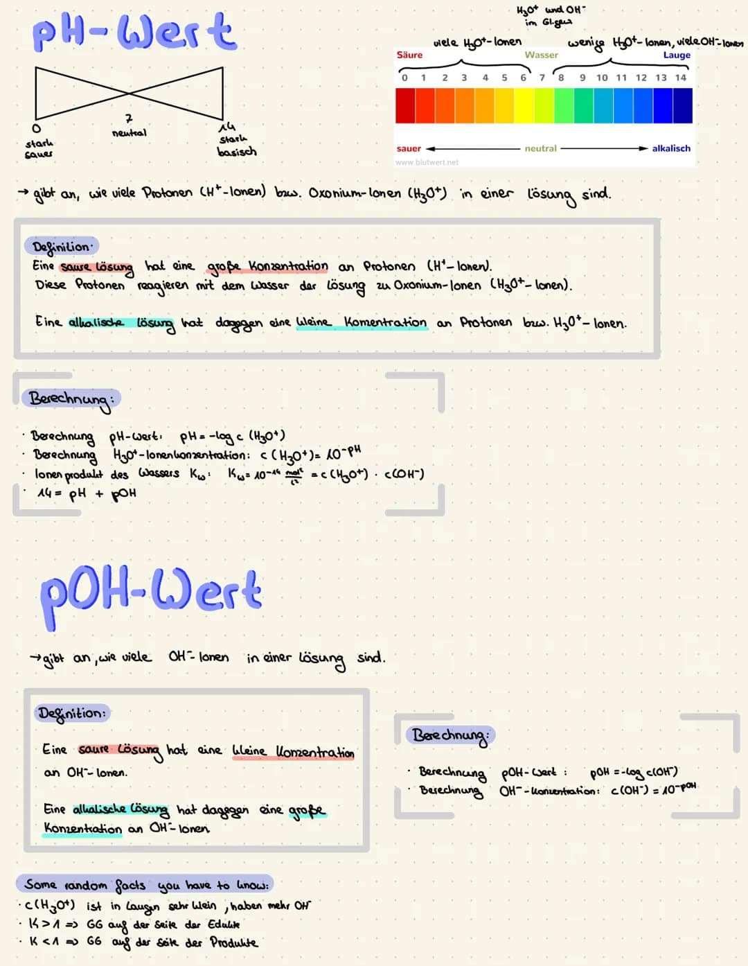 pH-Wert
O
stark
squer
7
neutral
14
Stark
basisch
Berechnung:
Berechnung pH-Wert: pH = -log c (H30*)
Berechnung H₂0-lonenkonzentration: c (H3