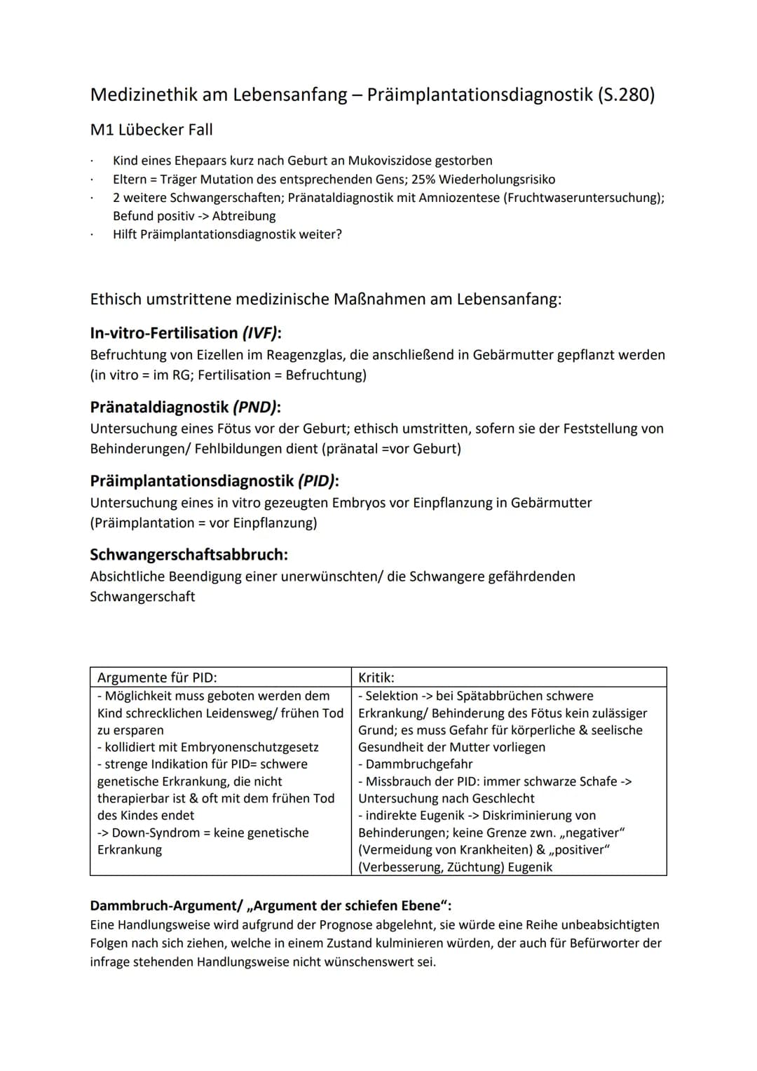 Medizinethik am Lebensanfang - Präimplantationsdiagnostik (S.280)
M1 Lübecker Fall
Kind eines Ehepaars kurz nach Geburt an Mukoviszidose ges