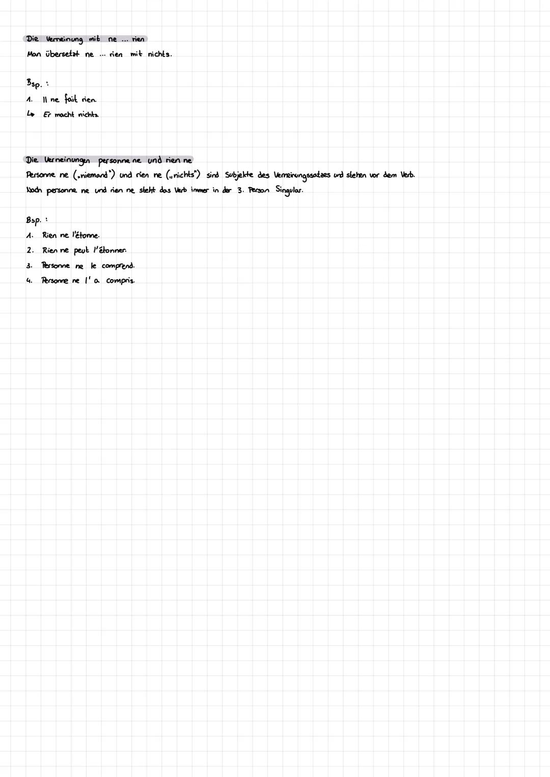 Verneinungen
Verneinung mit ne... ni ... ni
Die Verneinung besteht aus 3 Teilen. Ne stellst du vor die Konjugierte Form des Verbs. Ni stells