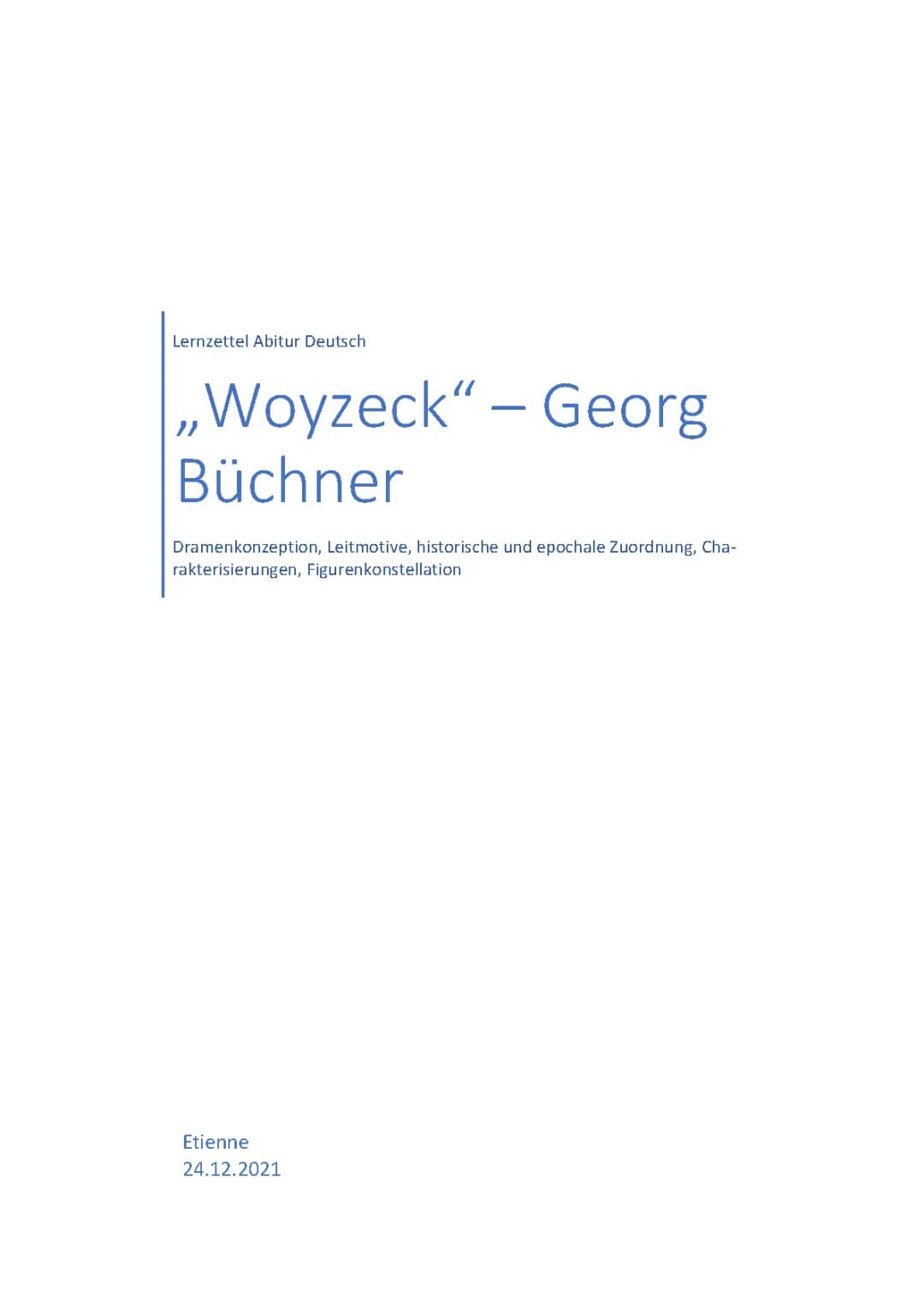 Woyzeck G. Büchner - Abitur Lernzettel (Deutsch Leistungskurs)