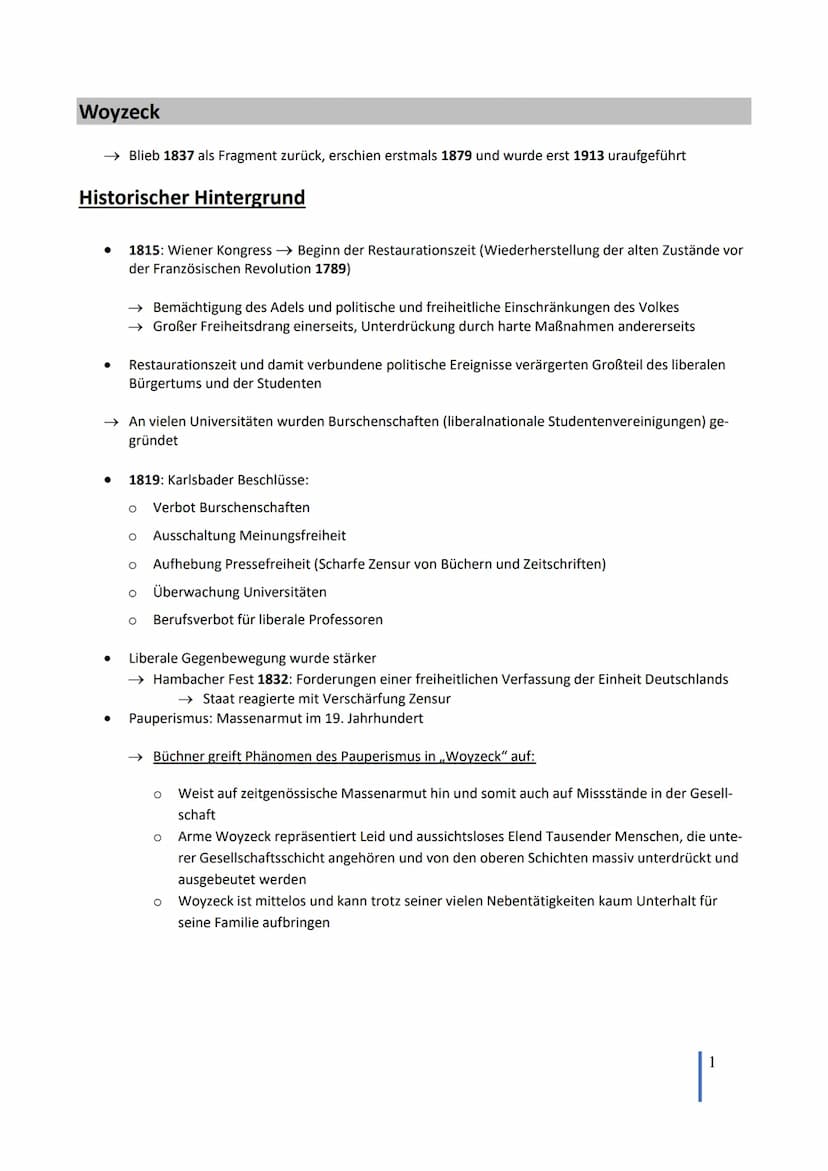 Lernzettel Abitur Deutsch
,,Woyzeck" - Georg
Büchner
Dramenkonzeption, Leitmotive, historische und epochale Zuordnung, Cha-
rakterisierungen
