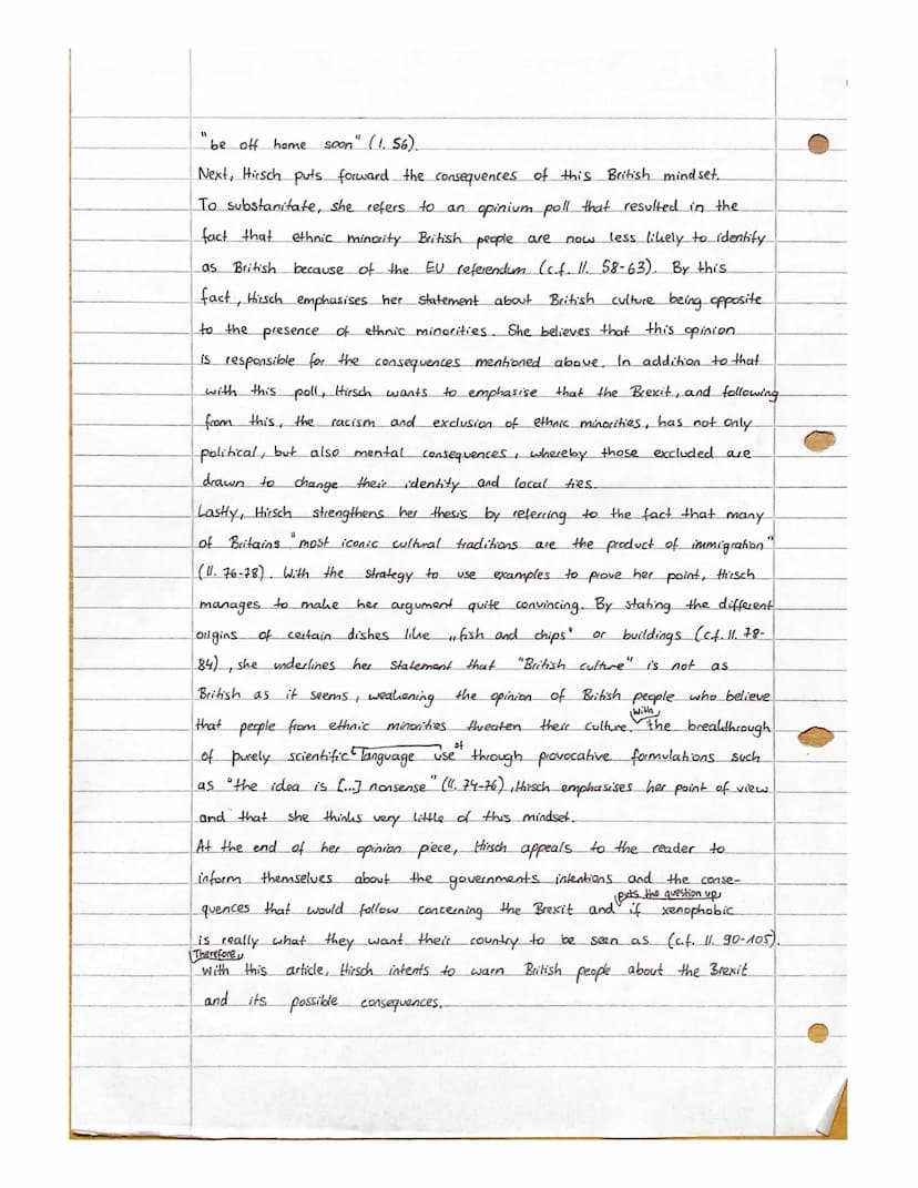 Analysing a newspaper article.
In her article "Brexit is entrenching some dangerous myths about
'British
culture", Afua Hirsch criticizes th
