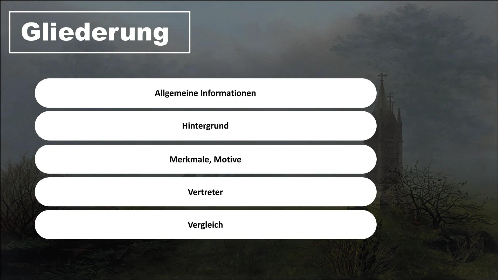 T Schwarze
Romantik
Kim Köhler
Deutsch
17.11.22 Gliederung
Allgemeine Informationen
Hintergrund
Merkmale, Motive
Vertreter
Vergleich Allgeme