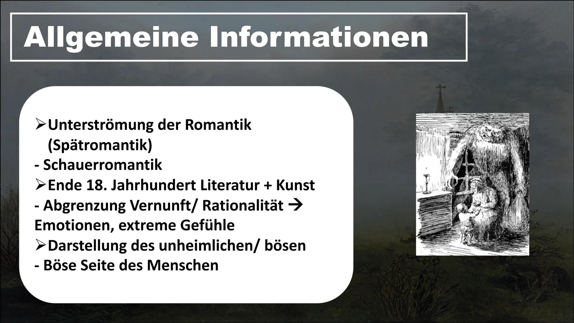 T Schwarze
Romantik
Kim Köhler
Deutsch
17.11.22 Gliederung
Allgemeine Informationen
Hintergrund
Merkmale, Motive
Vertreter
Vergleich Allgeme